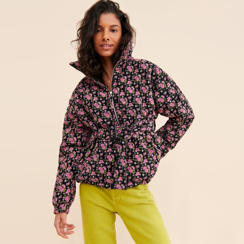 Tach - Gadara Corduroy Belted Puffer Jacket – Black/Pink Floral